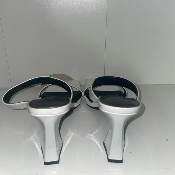 Square toe modern White heels slip on heels double strap heels chunky heel block - Picture 4 of 7